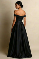 Load image into Gallery viewer, Black A Line Satin Off the Shoulder Long Formal Dress with Slit