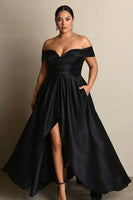 Load image into Gallery viewer, Black A Line Satin Off the Shoulder Long Formal Dress with Slit