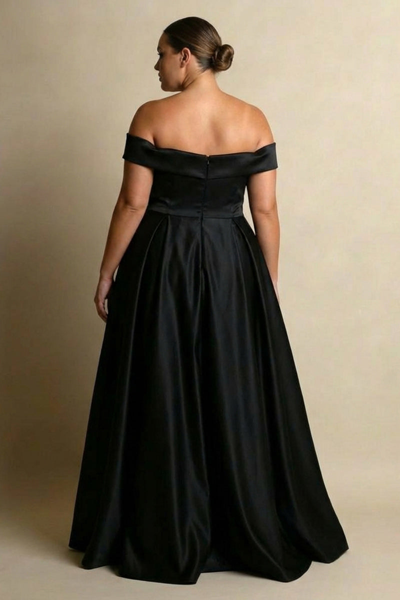 Load image into Gallery viewer, Black A Line Satin Off the Shoulder Long Formal Dress with Slit