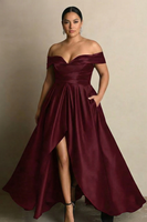 Load image into Gallery viewer, Black A Line Satin Off the Shoulder Long Formal Dress with Slit