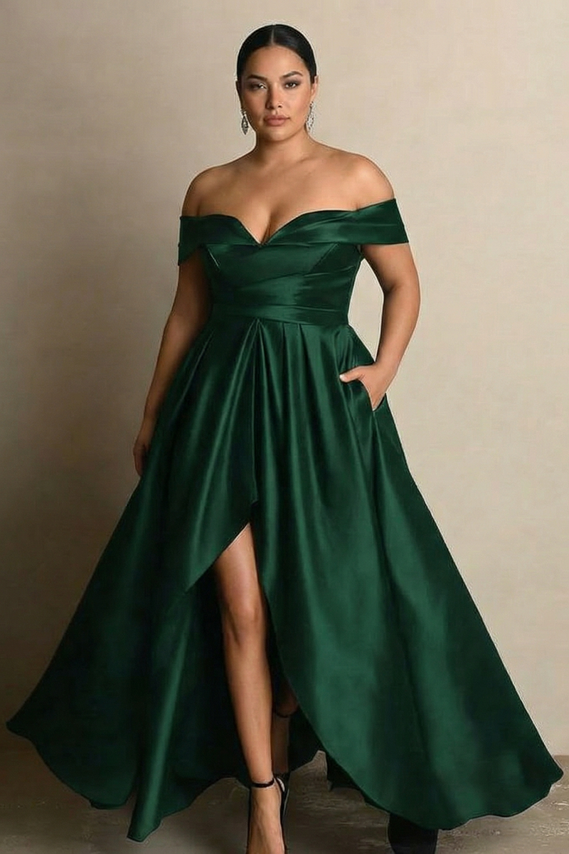 Load image into Gallery viewer, Black A Line Satin Off the Shoulder Long Formal Dress with Slit