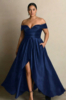 Load image into Gallery viewer, Black A Line Satin Off the Shoulder Long Formal Dress with Slit