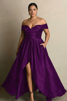 Load image into Gallery viewer, Black A Line Satin Off the Shoulder Long Formal Dress with Slit