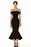 Load image into Gallery viewer, Black Off the Shoulder Satin Mermaid Long Formal Dress