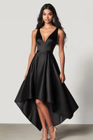 Load image into Gallery viewer, Black A Line V-Neck High-Low Formal Dress