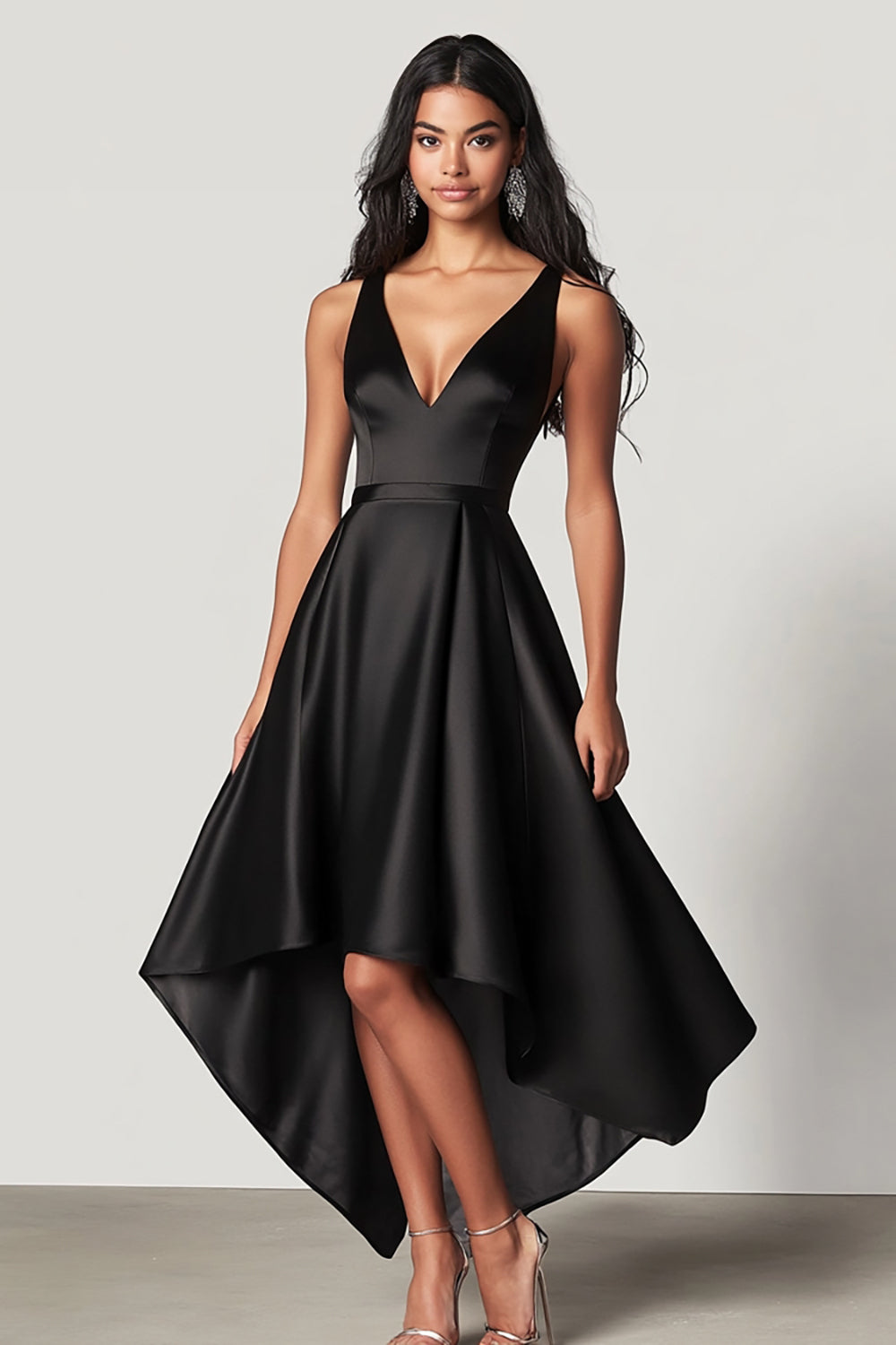 Black A Line V-Neck High-Low Formal Dress