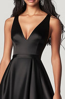 Load image into Gallery viewer, Black A Line V-Neck High-Low Formal Dress
