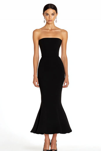 Black Strapless Satin Mermaid Long Formal Dress