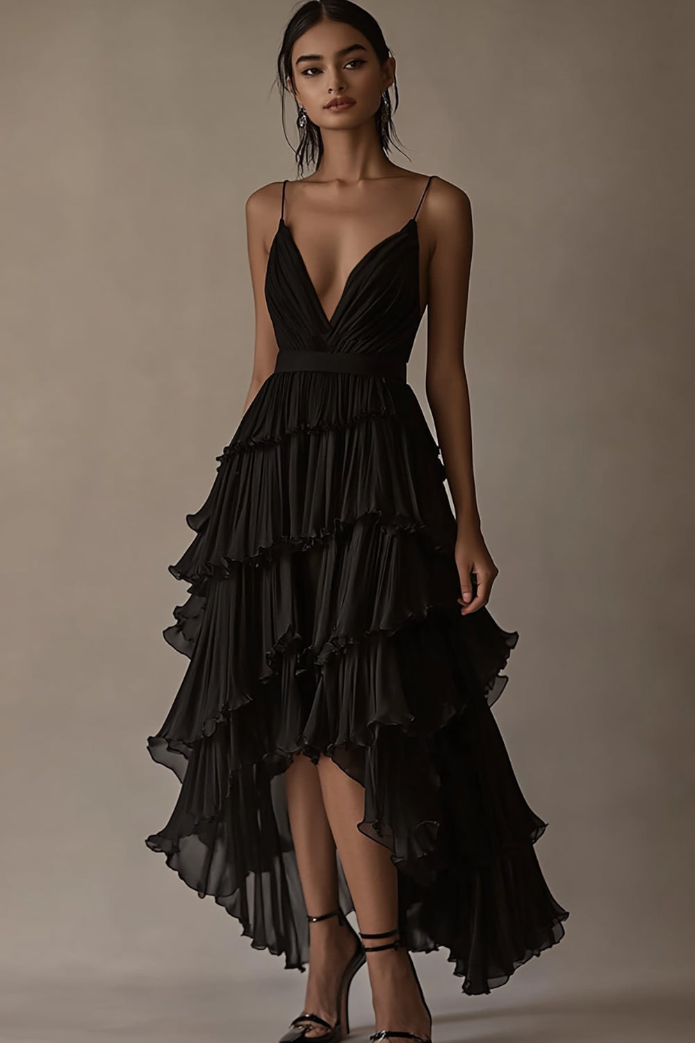 Black A Line Tiered Deep V-Neck Long Formal Dress