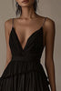 Load image into Gallery viewer, Black A Line Tiered Deep V-Neck Long Formal Dress