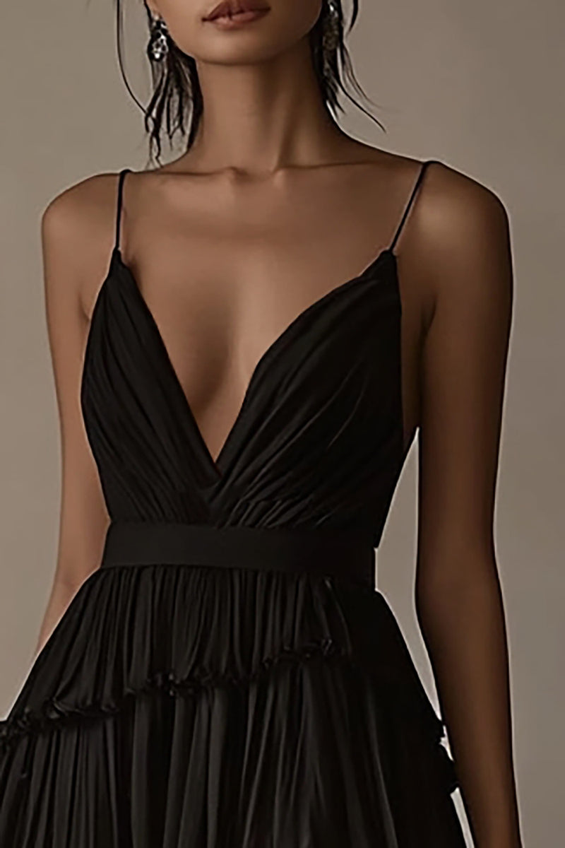 Load image into Gallery viewer, Black A Line Tiered Deep V-Neck Long Formal Dress