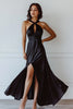 Load image into Gallery viewer, Black Satin Halter Keyhole Long Formal Dress with Slit
