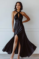Load image into Gallery viewer, Black Satin Halter Keyhole Long Formal Dress with Slit