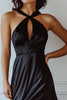 Load image into Gallery viewer, Black Satin Halter Keyhole Long Formal Dress with Slit