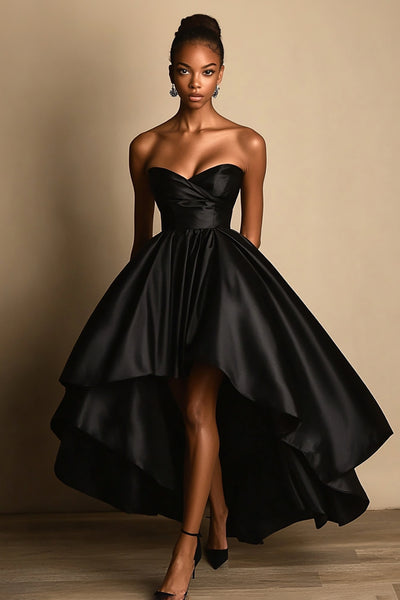 Black Sweetheart Satin A Line High-Low Formal Dress