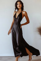 Load image into Gallery viewer, Black V-Neck Sheath Satin Long Formal Dress
