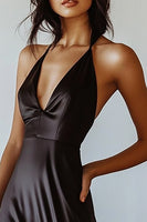 Load image into Gallery viewer, Black V-Neck Sheath Satin Long Formal Dress