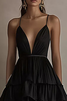 Black Tulle A Line V-Neck Tiered Formal Dress