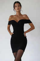 Load image into Gallery viewer, Black Off the Shoulder Bodycon Satin Short Graduation Dress