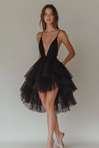 Black Tiered Tulle V-Neck A Line Short Graduation Dress