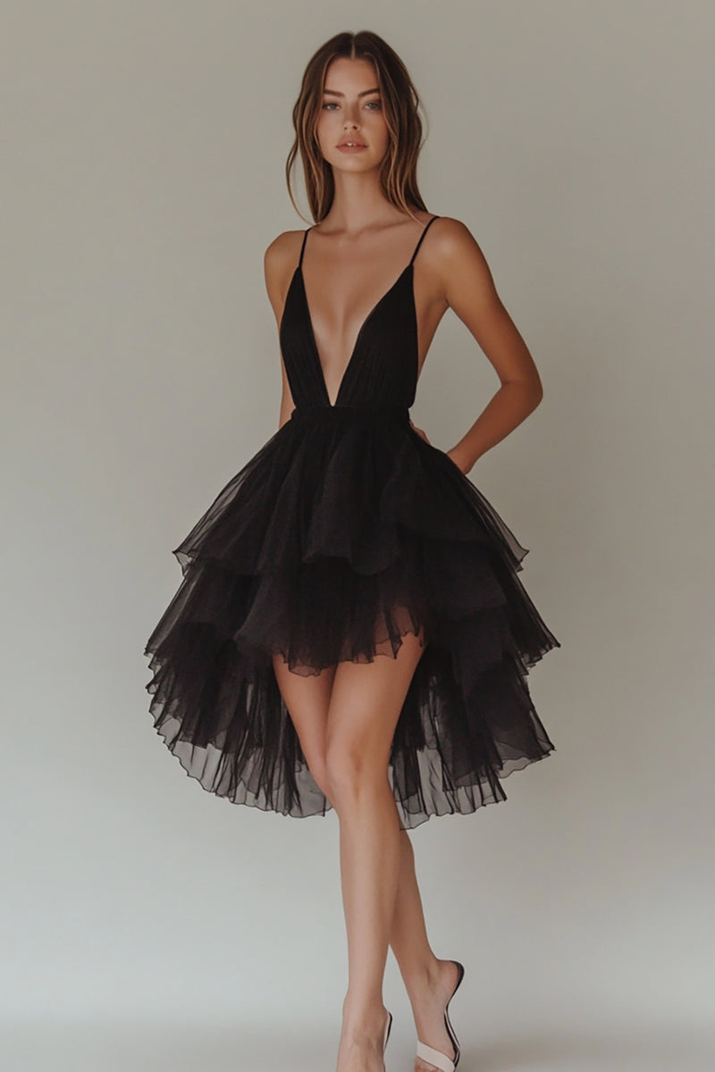 Load image into Gallery viewer, Black Tiered Tulle V-Neck A Line Short Graduation Dress
