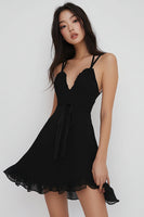 Load image into Gallery viewer, Black A Line Spaghetti Straps Chiffon Short Graduation Dress