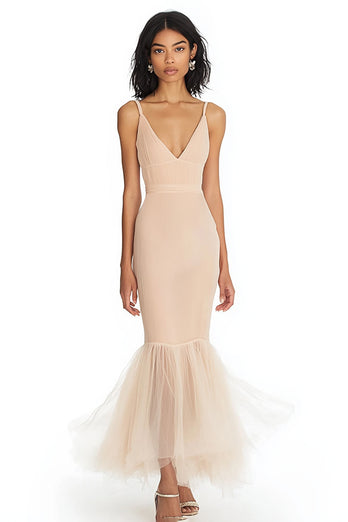 Champagne Mermaid V-Neck Long Formal Dress
