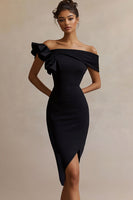 Load image into Gallery viewer, Black Satin Off The Shoulder Bodycon Midi Cocktail Dress