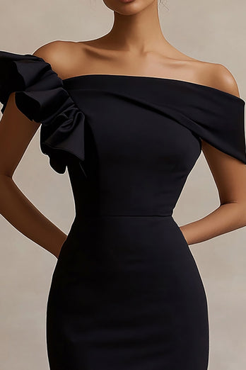 Black Satin Off The Shoulder Bodycon Midi Cocktail Dress