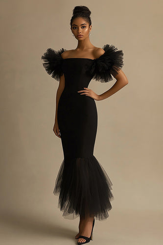 Black Satin Off The Shoulder Mermaid Ruffled Long Formal Dress