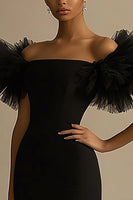 Load image into Gallery viewer, Black Satin Off The Shoulder Mermaid Ruffled Long Formal Dress
