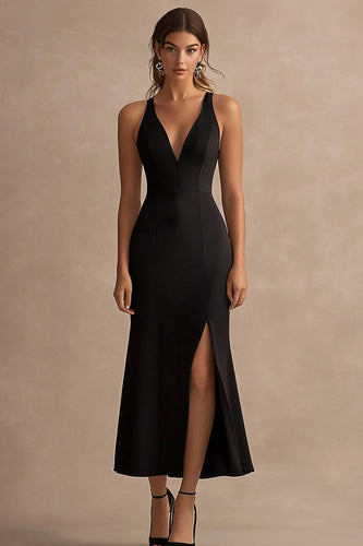 Black Satin V Neck Sheath Long Formal Dress with Slit