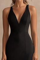 Load image into Gallery viewer, Black Satin V Neck Sheath Long Formal Dress with Slit