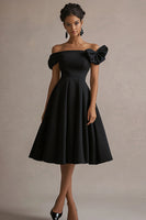 Load image into Gallery viewer, Black Satin Off The Shoulder A Line Midi Formal Dress with Bow