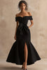 Load image into Gallery viewer, Black Satin Off The Shoulder Mermaid Long Formal Dress with Slit