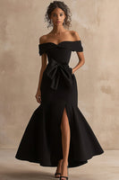 Load image into Gallery viewer, Black Satin Off The Shoulder Mermaid Long Formal Dress with Slit