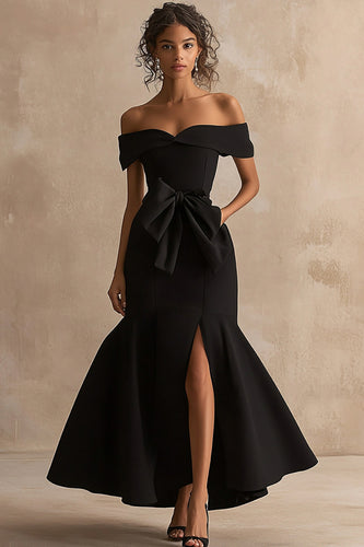 Black Satin Off The Shoulder Mermaid Long Formal Dress with Slit