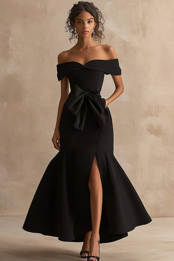 Black Satin Off The Shoulder Mermaid Long Formal Dress with Slit