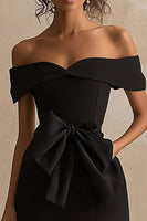 Load image into Gallery viewer, Black Satin Off The Shoulder Mermaid Long Formal Dress with Slit