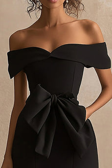 Black Satin Off The Shoulder Mermaid Long Formal Dress with Slit