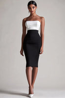 Load image into Gallery viewer, Black and White Satin Strapless Bodycon Midi Cocktail Dress