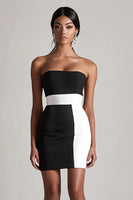 Load image into Gallery viewer, Black and White Satin Strapless Bodycon Short Cocktail Dress
