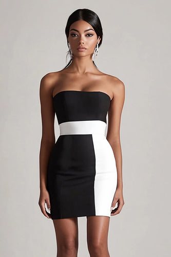 Black and White Satin Strapless Bodycon Short Cocktail Dress
