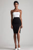 Load image into Gallery viewer, Black and White Satin Strapless Bodycon Midi Cocktail Dress with Slit