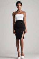 Load image into Gallery viewer, Black and White Satin Strapless Bodycon Midi Cocktail Dress with Slit