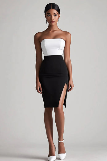 Black and White Satin Strapless Bodycon Midi Cocktail Dress with Slit