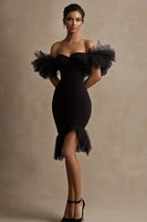 Load image into Gallery viewer, Black Satin Off The Shoulder Bodycon Ruffled Short Cocktail Dress