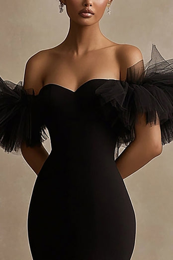 Black Satin Off The Shoulder Bodycon Ruffled Short Cocktail Dress