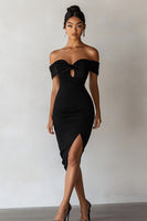 Load image into Gallery viewer, Black Off The Shoulder Bodycon Short Cocktail Dress with Keyhole
