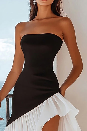 Black and White Strapless A Line Ruffled Asymmetrical Cocktail Dress
